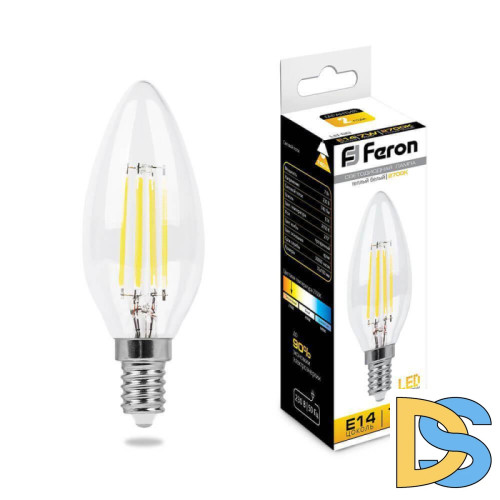 Лампа светодиодная филаментная Feron E14 7W 2700K Свеча Прозрачная LB-66 25726