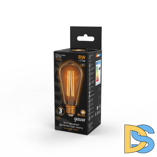 Лампа светодиодная филаментная Gauss E27 8W 2400K золотая 157802008