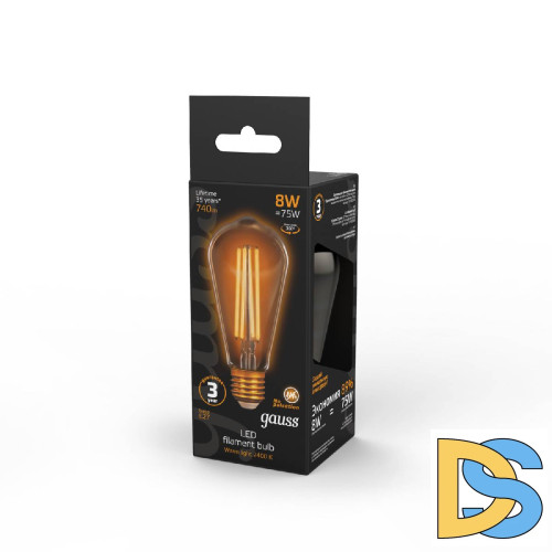 Лампа светодиодная филаментная Gauss E27 8W 2400K золотая 157802008