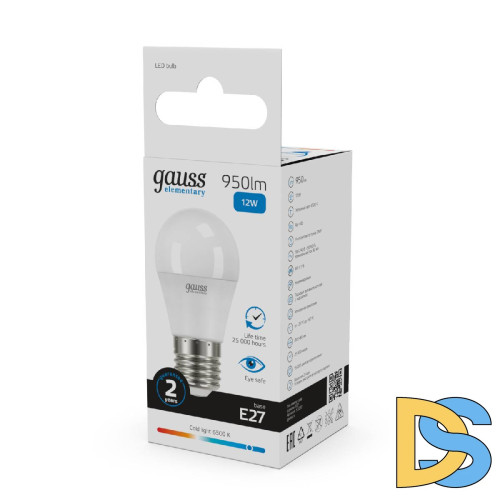 Лампа светодиодная Gauss E27 12W 6500K шар матовый 53232