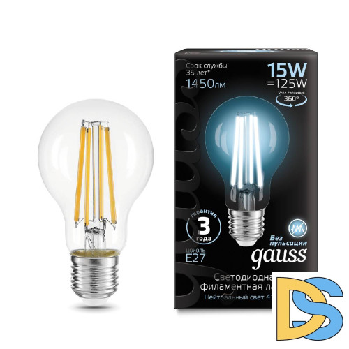 Лампа светодиодная филаментная Gauss E27 15W 4100K груша прозрачная 102902215