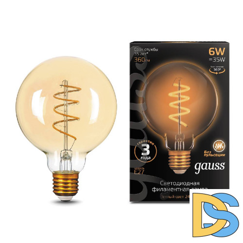 Лампа светодиодная филаментная Gauss E27 6W 2400K золотая 105802007