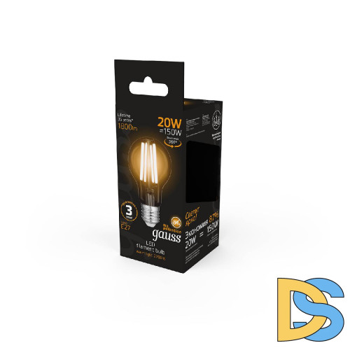 Лампа светодиодная филаментная Gauss E27 20W 2700K груша прозрачная 102902120